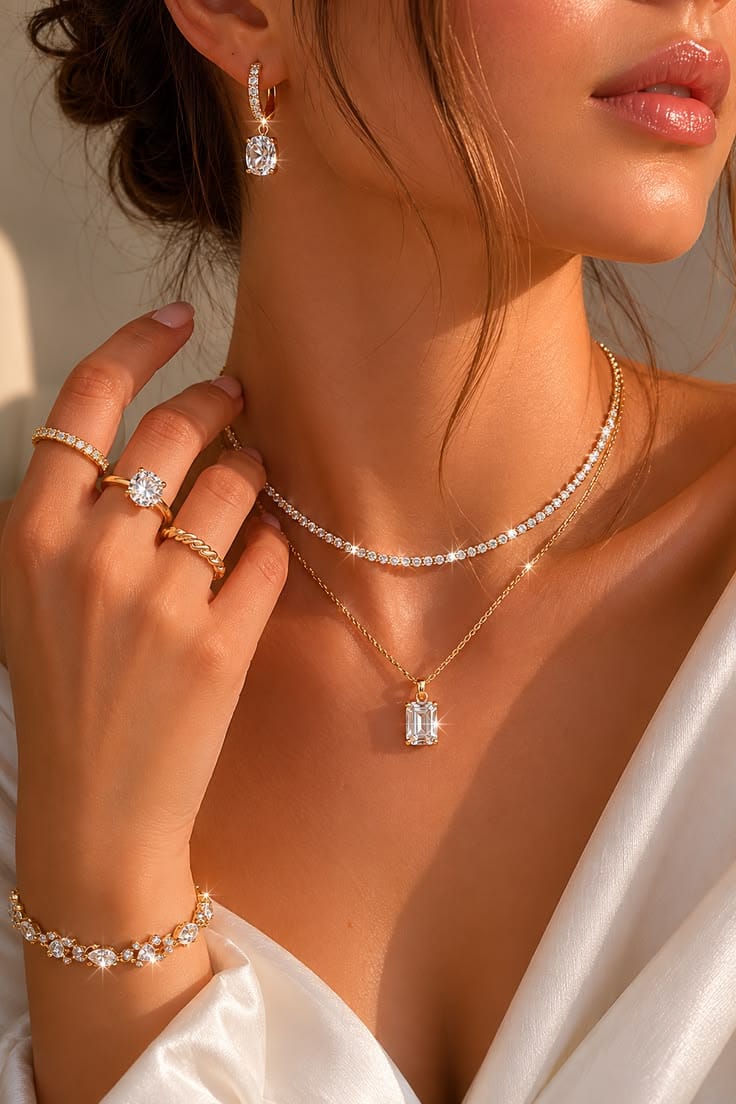 Layered anti-tarnish gold necklaces, bracelet and earrings worn together